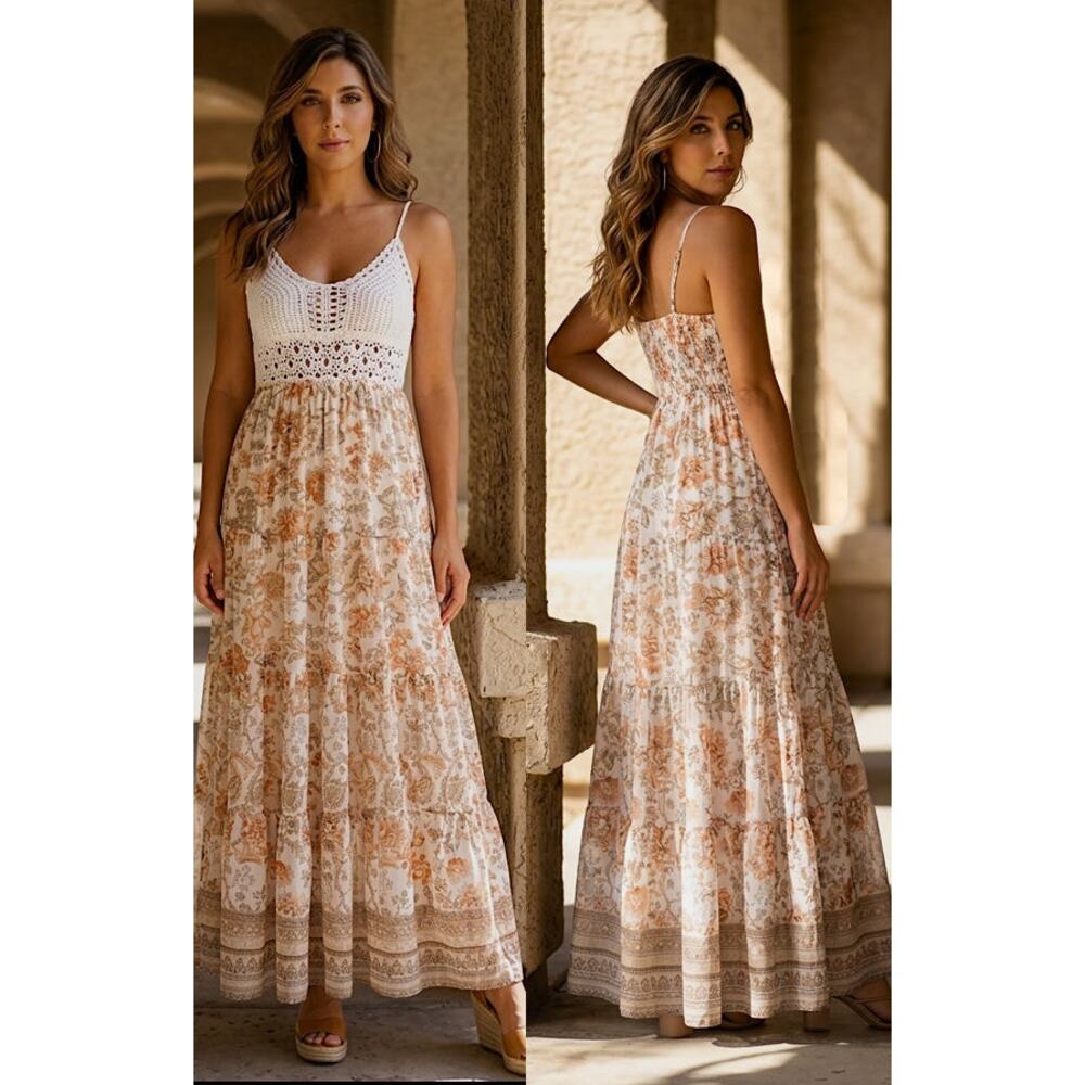 Flying Tomato Crochet Top Detail Floral Print Combo Maxi Dress Size M - Picture 3 of 13